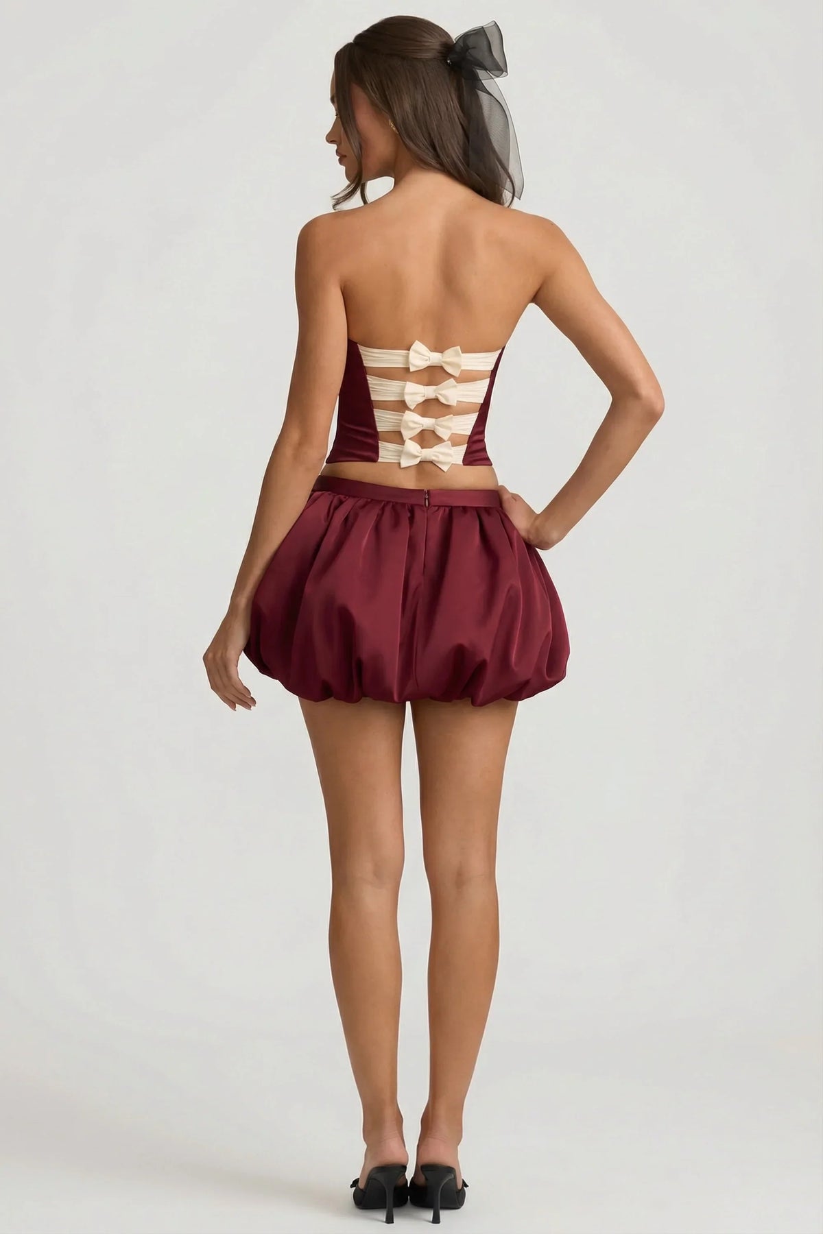 Bubble Hem Mid Rise Mini Skirt in Wine Red