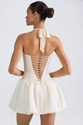 Halterneck Lace Up Bubble Hem Corset Micro Mini Dress in Ivory