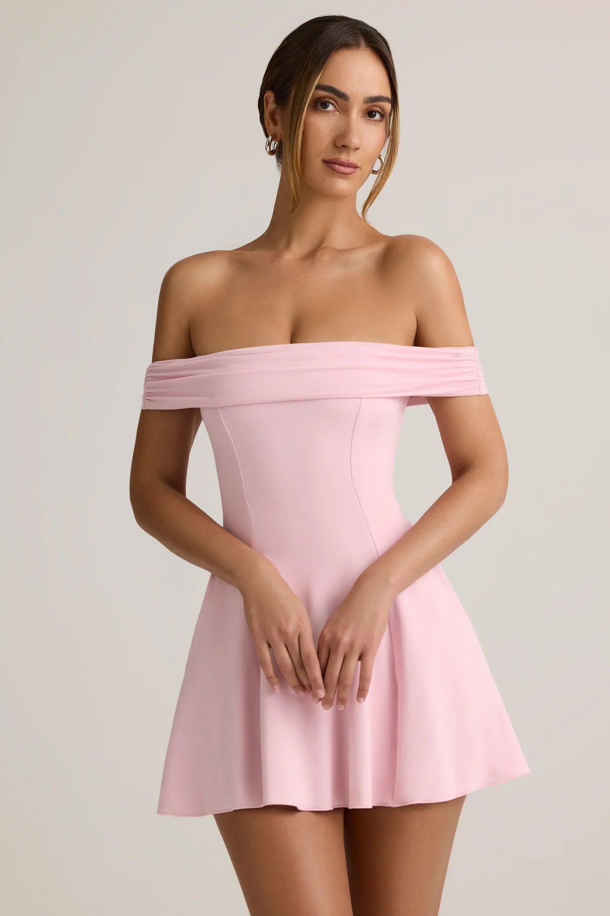 Modal Off Shoulder A Line Mini Dress in Baby Pink