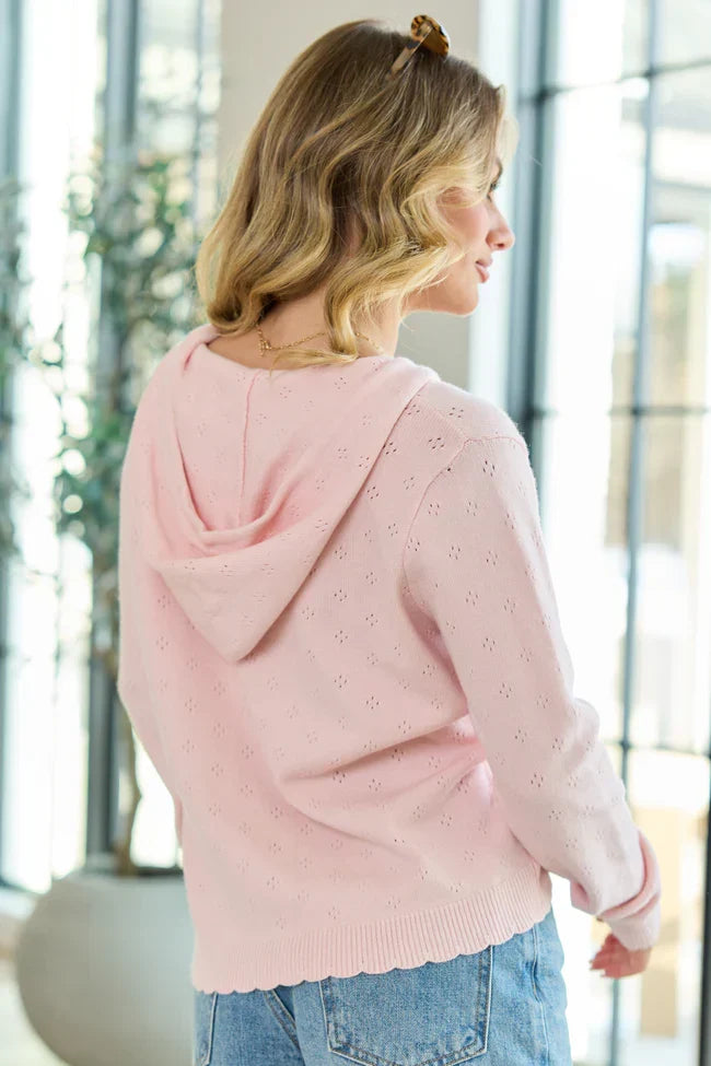 Gemma Pink Pointelle Hooded Cardigan