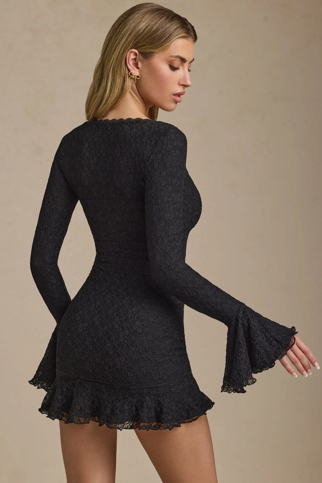 Long Sleeve Ruffled Lace Mini Dress in Black