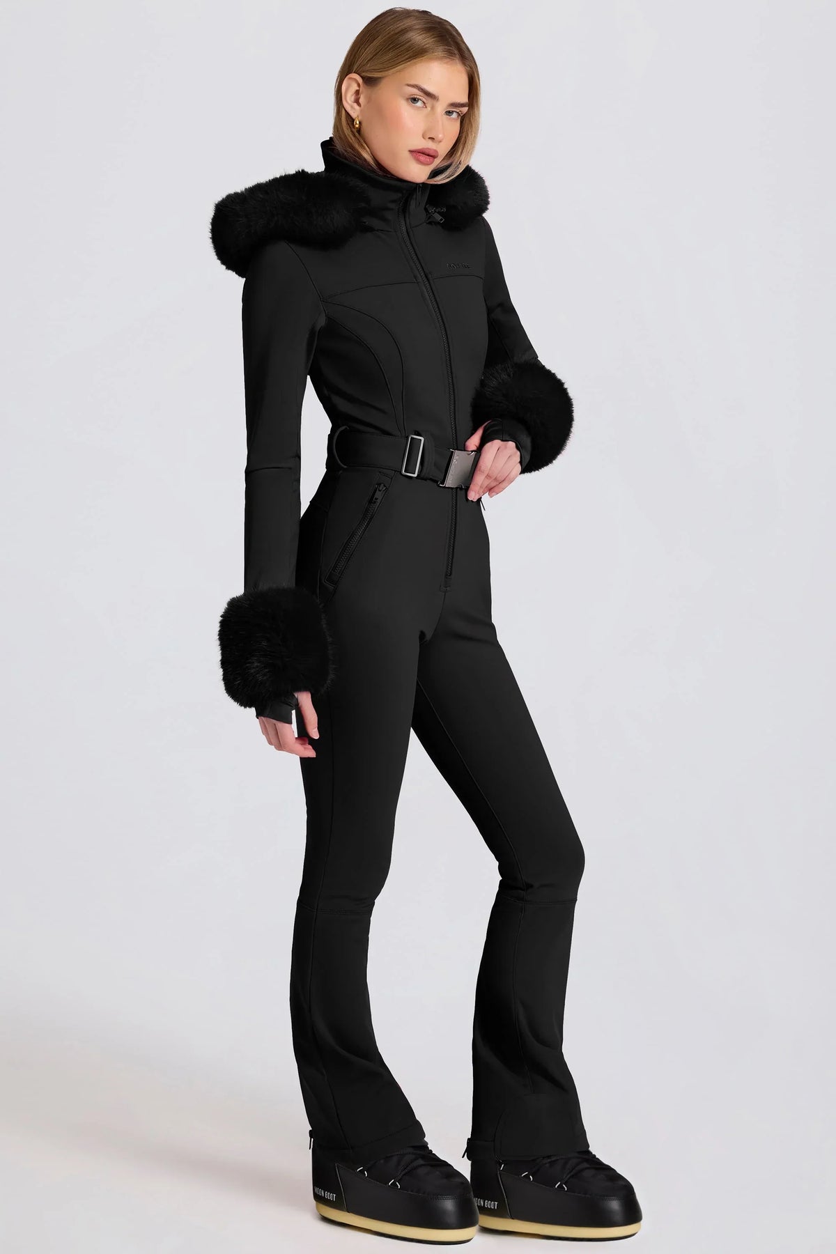 Waterproof Faux Fur Hood Fitted Ski Suit in Black