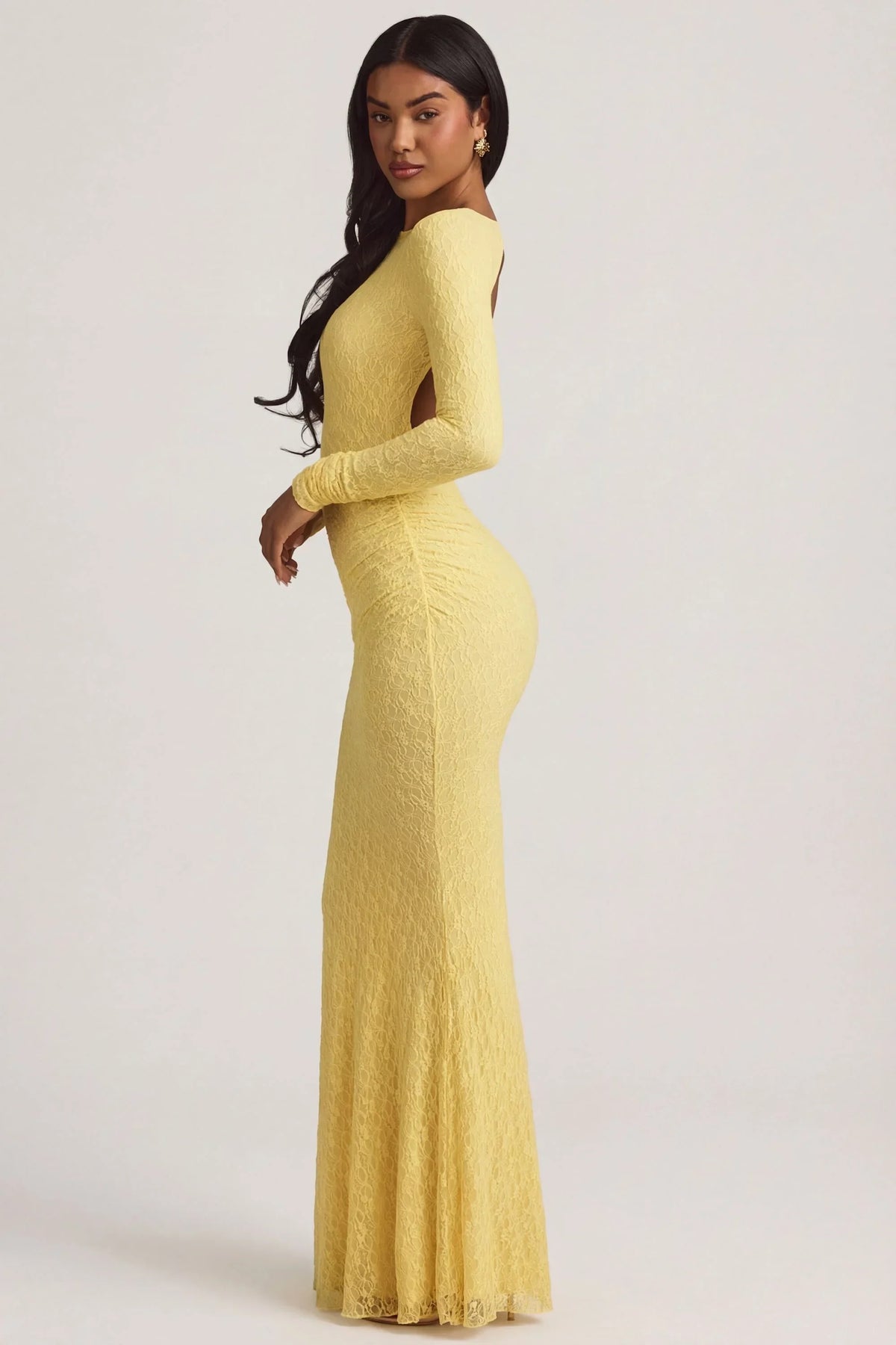 Ruched Backless Lace Maxi Dress in Pastel Yellow