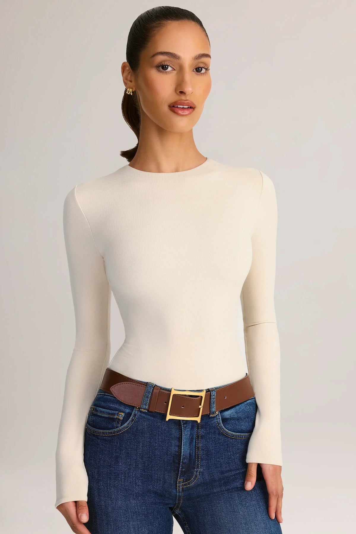 Modal Round Neck Long Sleeve Bodysuit in Cream
