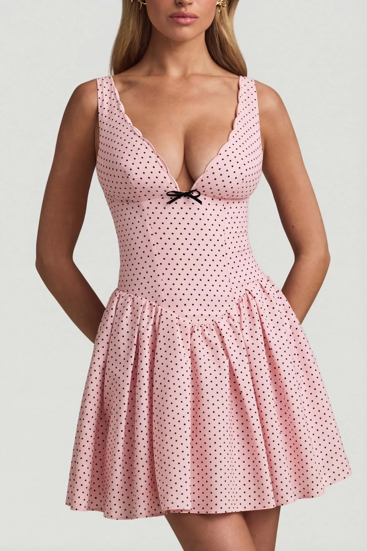 Bow Detail A Line Mini Dress in Pink Polka Dot
