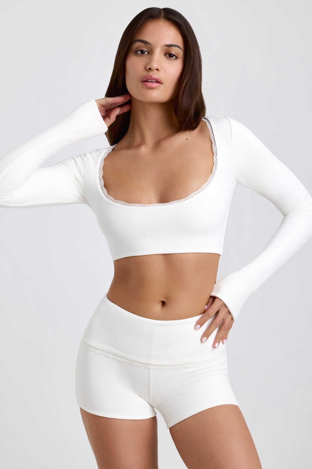 Ribbed Modal Lace Trim Crop Top in White