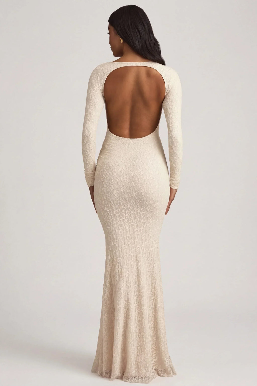Ruched Backless Lace Maxi Dress in Ivory