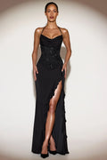 Embellished Cowl Neck Ruffled Gown Dress in Black