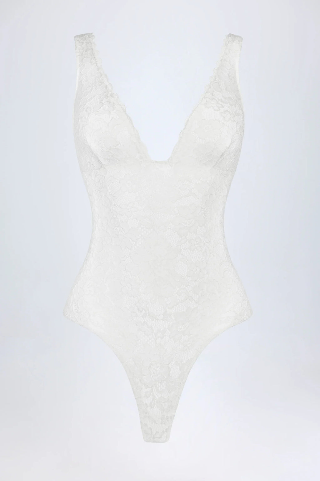 Sheer Lace Scalloped Plunge Neck Bodysuit in White