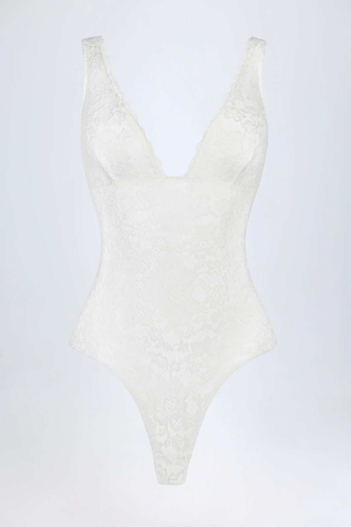 Sheer Lace Scalloped Plunge Neck Bodysuit in White