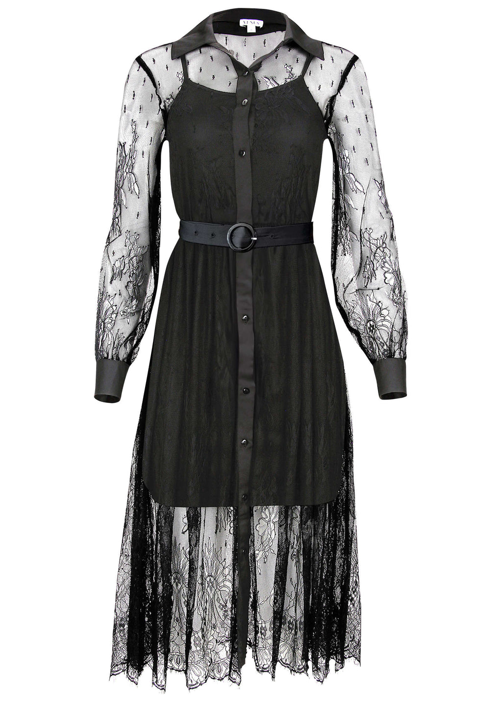 Lace Belted Midi Dress Jet Black