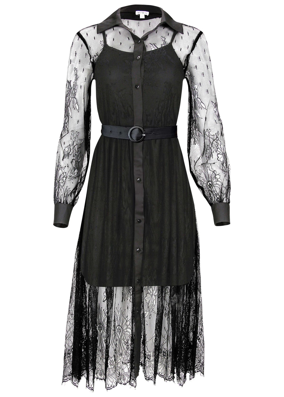 Lace Belted Midi Dress Jet Black