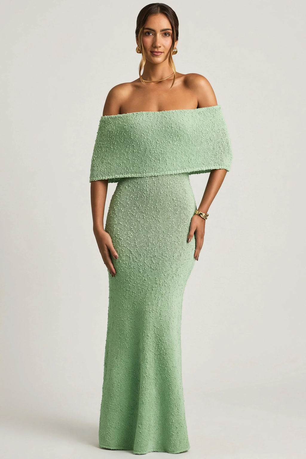 Bouclé Off Shoulder Maxi Dress in Mint