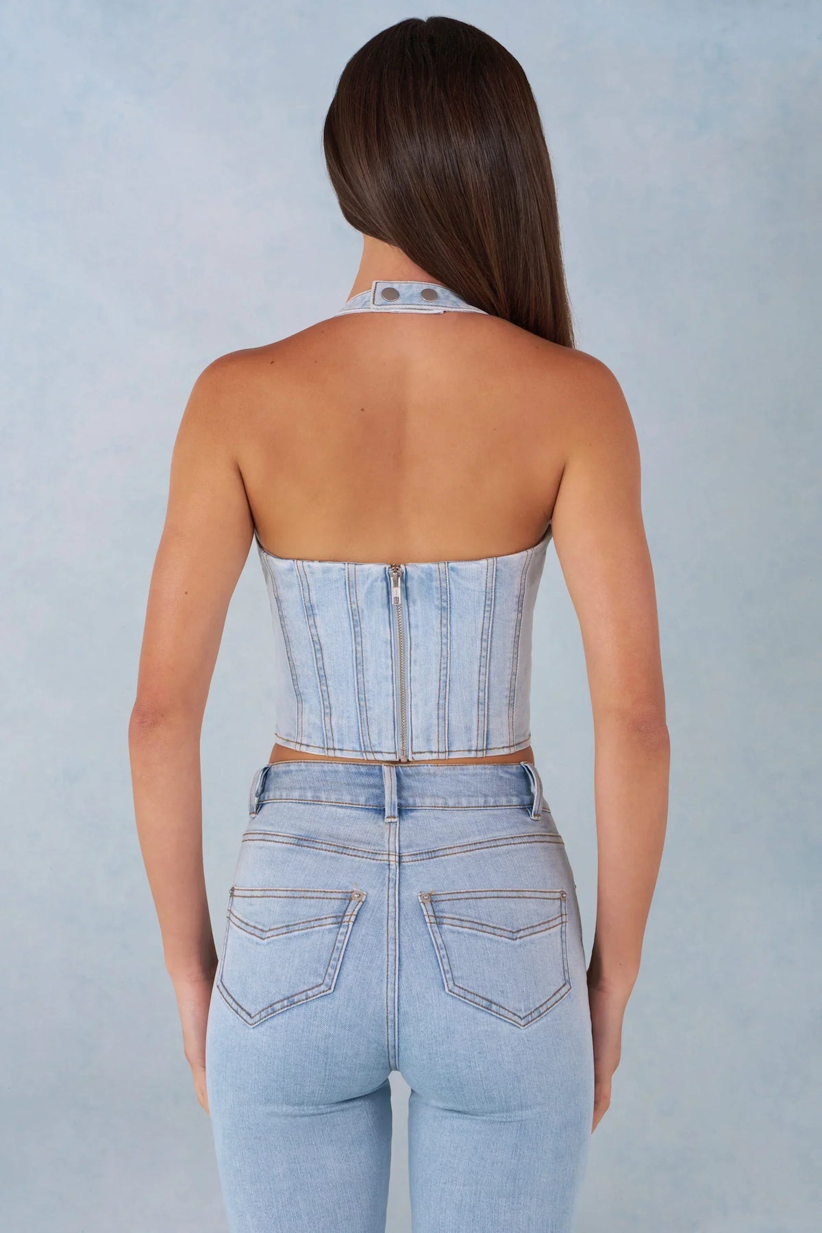 Halterneck Denim Corset Style Top in Light Denim
