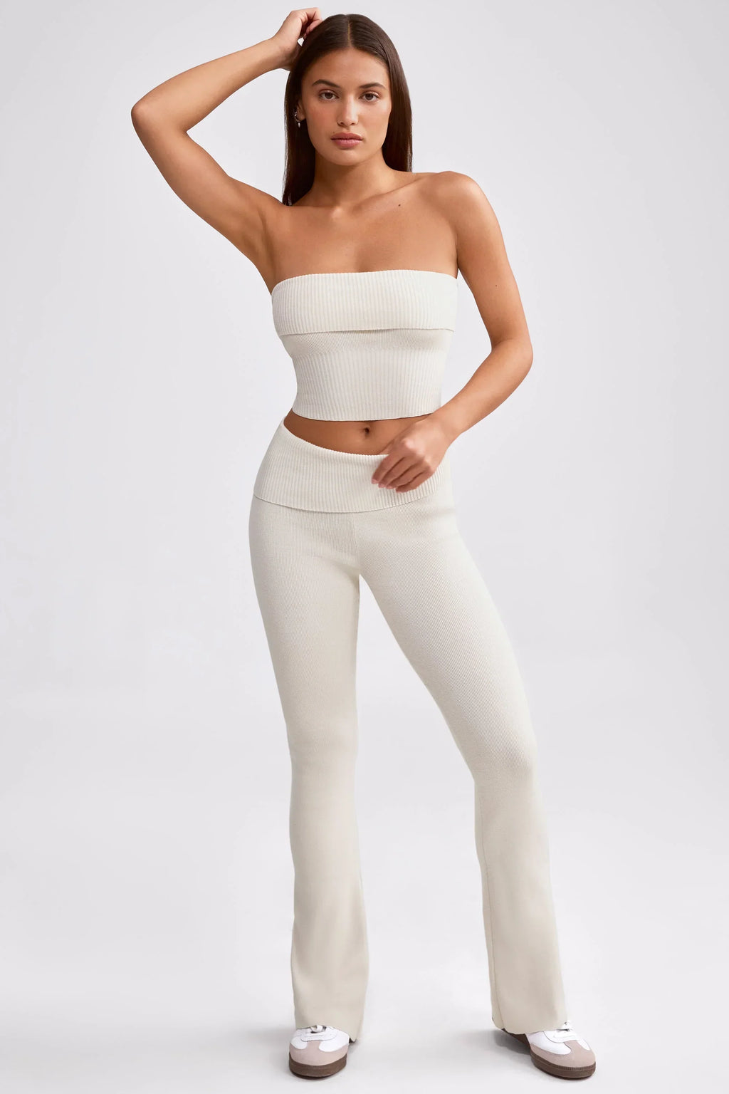 Chunky Knit Foldover Kick Flare Trousers in Cream