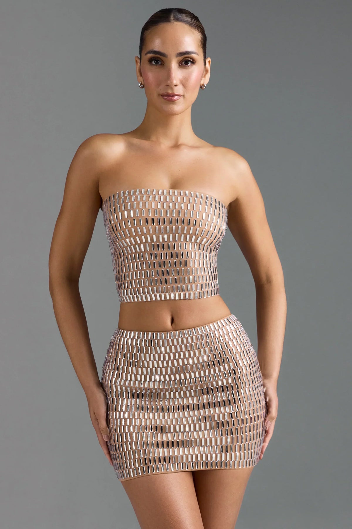 Embellished Low Rise Micro Mini Skirt in Almond