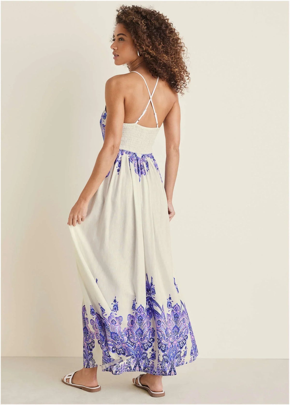 Printed Linen Maxi Dress Purple Paisley Border