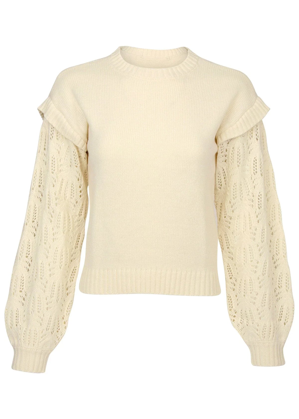 Pointelle Sleeve Crew Neck Off White