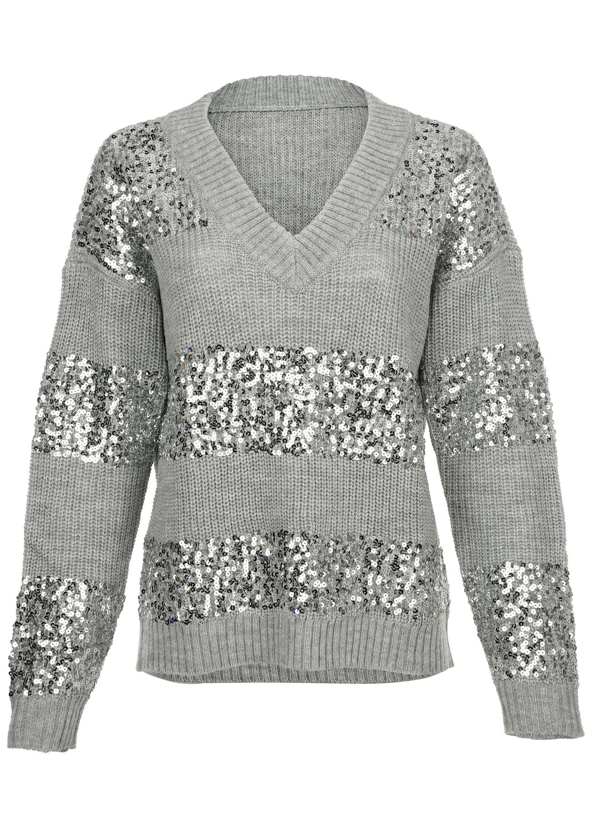Sequin V Neck Sweater Light Heather Grey