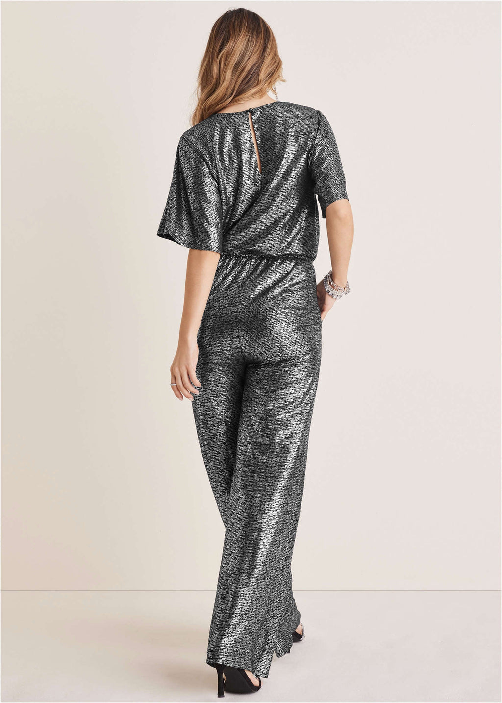 Metallic Flutter Sleeve Jumpsuit Silver