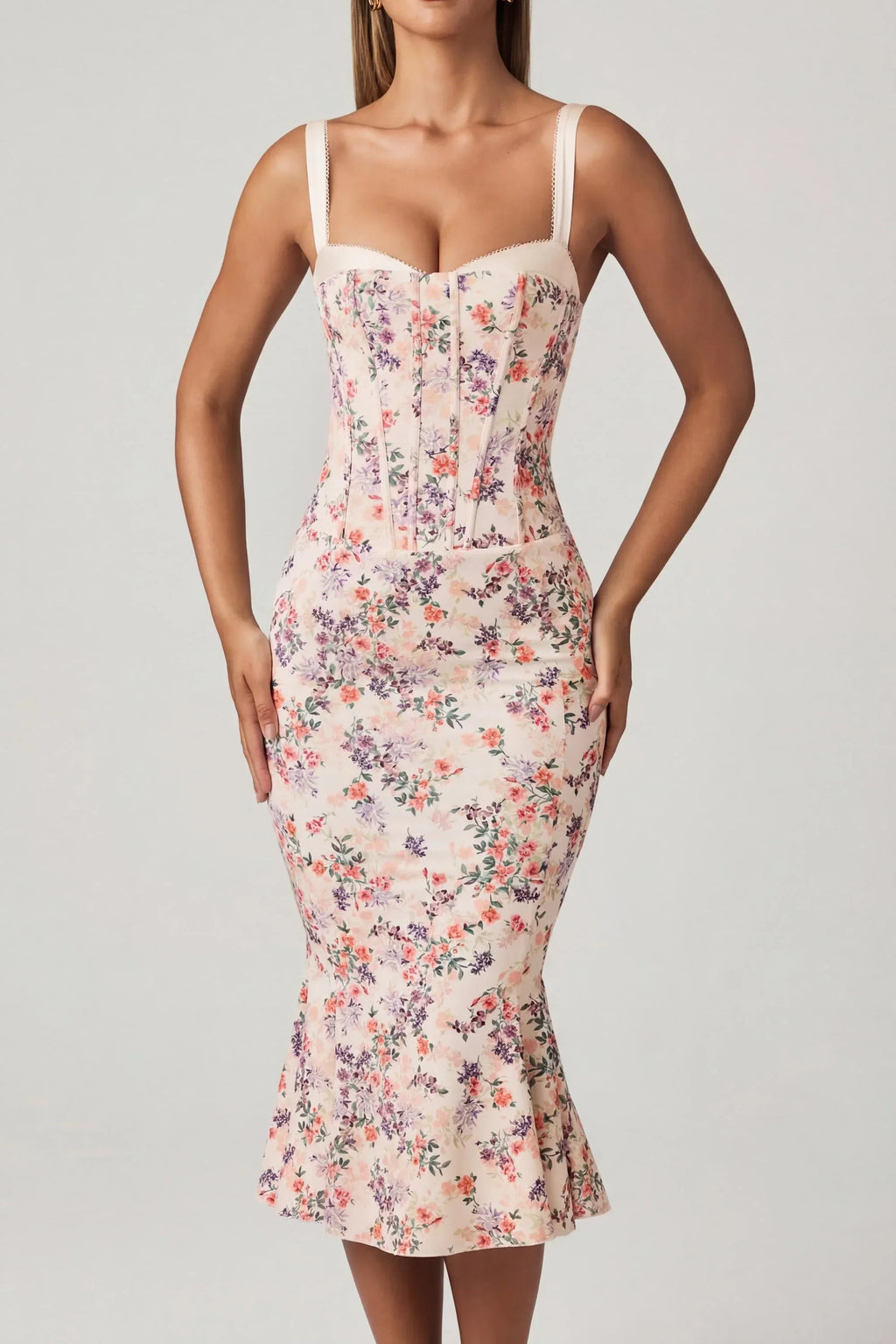 Layered Bra Detail Fishtail Midaxi Dress in Primrose Floral Print