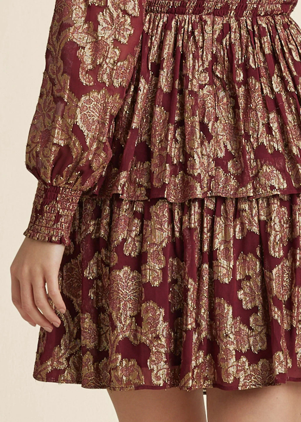 Smocked Waist Jaquard Mini Dress Wine Gold