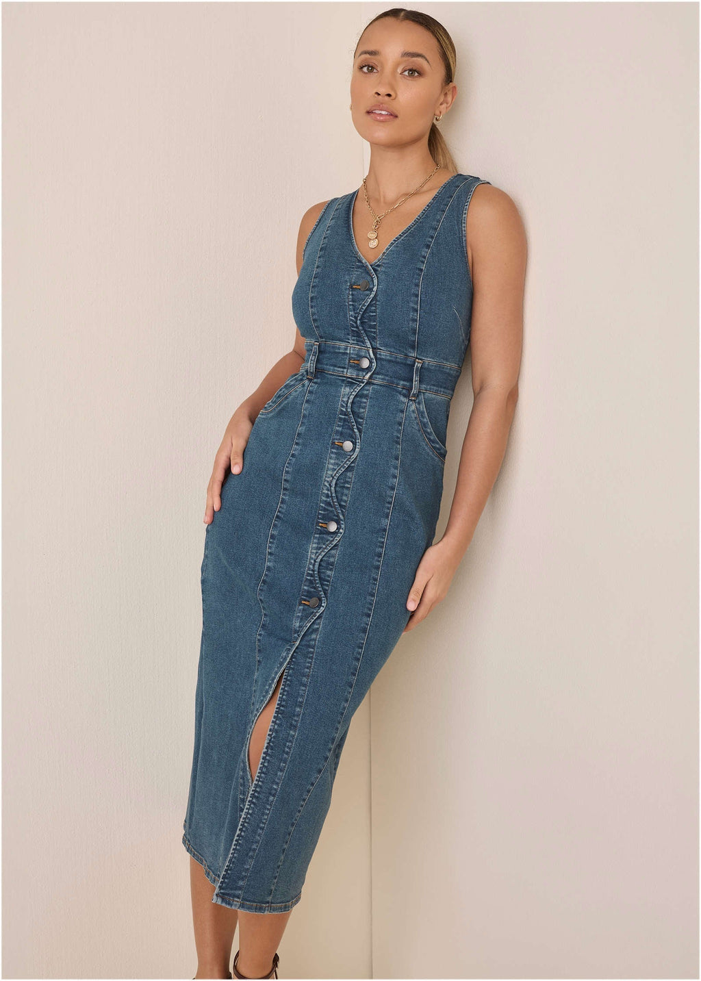 Denim Wave Maxi Dress Medium Wash